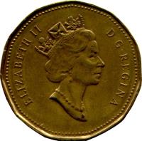 obverse of 1 Dollar - Elizabeth II - 3'rd Portrait (1990 - 2003) coin with KM# 186 from Canada. Inscription: ELIZABETH II D · G · REGINA