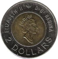 obverse of 2 Dollars - Elizabeth II - Knowledge (2000) coin with KM# 399 from Canada. Inscription: ELIZABETH II D · G · REGINA 2 DOLLARS