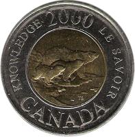 Canada coin 2 Dollars - Elizabeth II - Knowledge (2000) reverse reverse of 2 Dollars - Elizabeth II - Knowledge (2000) coin with KM# 399 from Canada. Inscription: KNOWLEDGE 2000 LE SAVOIR CANADA