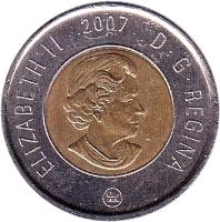 obverse of 2 Dollars - Elizabeth II - 4'th Portrait (2003 - 2006) coin with KM# 496 from Canada. Inscription: ELIZABETH II D · G · REGINA 2004