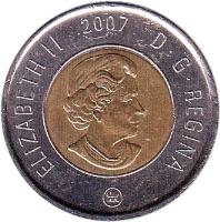 obverse of 2 Dollars - Elizabeth II - 4'th Portrait (2003 - 2006) coin with KM# 496 from Canada. Inscription: ELIZABETH II D · G · REGINA 2004