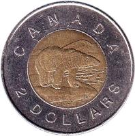 reverse of 2 Dollars - Elizabeth II - 4'th Portrait (2003 - 2006) coin with KM# 496 from Canada. Inscription: CANADA 2 DOLLARS
