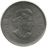 Canada coin 5 Cents - Elizabeth II - 4'th Portrait (2006) obverse obverse of 5 Cents - Elizabeth II - 4'th Portrait (2006) coin with KM# 491b from Canada. Inscription: ELIZABETH II D · G · REGINA