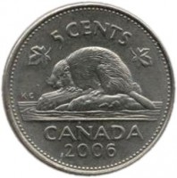 reverse of 5 Cents - Elizabeth II - 4'th Portrait (2006) coin with KM# 491b from Canada. Inscription: 5 CENTS CANADA 2006