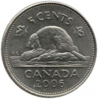 Canada coin 5 Cents - Elizabeth II - 4'th Portrait (2006) reverse reverse of 5 Cents - Elizabeth II - 4'th Portrait (2006) coin with KM# 491b from Canada. Inscription: 5 CENTS CANADA 2006