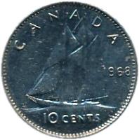Canada coin 10 Cents - Elizabeth II - Philadelphia mint; 2'nd Portrait (1968) reverse reverse of 10 Cents - Elizabeth II - Philadelphia mint; 2'nd Portrait (1968) coin with KM# 73 from Canada. Inscription: CANADA 1968 10 CENTS