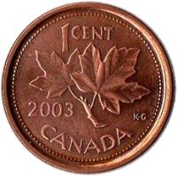 Canada coin 1 Cent - Elizabeth II - Magnetic; 4'th Portrait (2003 - 2012) reverse reverse of 1 Cent - Elizabeth II - Magnetic; 4'th Portrait (2003 - 2012) coin with KM# 490a from Canada. Inscription: 1 CENT 2003 K.G. CANADA