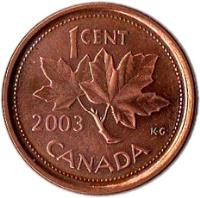 reverse of 1 Cent - Elizabeth II - Magnetic; 4'th Portrait (2003 - 2012) coin with KM# 490a from Canada. Inscription: 1 CENT 2003 K.G. CANADA