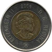 obverse of 2 Dollars - Elizabeth II - 4'th Portrait (2006 - 2012) coin with KM# 837 from Canada. Inscription: ELIZABETH II D · G · REGINA