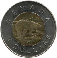 reverse of 2 Dollars - Elizabeth II - 4'th Portrait (2006 - 2012) coin with KM# 837 from Canada. Inscription: CANADA 2 DOLLARS