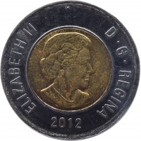 obverse of 2 Dollars - Elizabeth II - 4'th Portrait (2012 - 2015) coin with KM# 1257 from Canada. Inscription: ELIZABETH II D.G. REGINA 2012