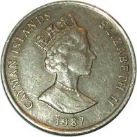 obverse of 25 Cents - Elizabeth II - 3'rd Portrait (1987 - 1990) coin with KM# 90 from Cayman Islands. Inscription: CAYMAN ISLANDS ELIZABETH II 1990
