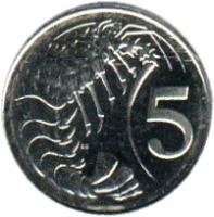 Cayman Islands coin 5 Cents - Elizabeth II - 4'th Portrait (1999 - 2008) reverse reverse of 5 Cents - Elizabeth II - 4'th Portrait (1999 - 2008) coin with KM# 132 from Cayman Islands. Inscription: 5
