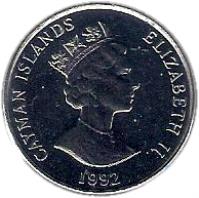 obverse of 25 Cents - Elizabeth II - 3'rd Portrait; Magnetic (1992 - 1996) coin with KM# 90a from Cayman Islands. Inscription: CAYMAN ISLANDS QUEEN ELIZABETH II 1992