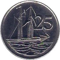 Cayman Islands coin 25 Cents - Elizabeth II - 3'rd Portrait; Magnetic (1992 - 1996) reverse reverse of 25 Cents - Elizabeth II - 3'rd Portrait; Magnetic (1992 - 1996) coin with KM# 90a from Cayman Islands. Inscription: 25