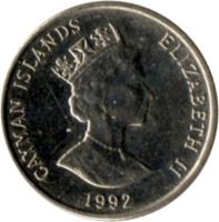 obverse of 5 Cents - Elizabeth II - 3'rd Portrait; Magnetic (1992 - 1996) coin with KM# 88a from Cayman Islands. Inscription: CAYMAN ISLANDS ELIZABETH II 1996