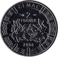 Central Africa (BEAC) coin 2 Francs (2006) obverse obverse of 2 Francs (2006) coin with KM# 17 from Central Africa (BEAC). Inscription: CEMAC 2 FRANCS 2006