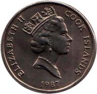 obverse of 50 Tene - Elizabeth II - 3'rd Portrait (1987 - 1992) coin with KM# 36 from Cook Islands. Inscription: ELIZABETH II COOK ISLANDS 1987