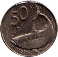 Cook Islands coin 50 Tene - Elizabeth II - 3'rd Portrait (1987 - 1992) reverse reverse of 50 Tene - Elizabeth II - 3'rd Portrait (1987 - 1992) coin with KM# 36 from Cook Islands. Inscription: 50 JB