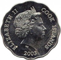 obverse of 1 Dollar - Elizabeth II - 4'th Portrait (2003 - 2010) coin with KM# 416 from Cook Islands. Inscription: ELIZABETH II COOK ISLANDS IRB 2003