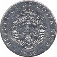 obverse of 1 Colón (1982 - 1994) coin with KM# 210 from Costa Rica. Inscription: REPUBLICA DE COSTA RICA AMERICA CENTRAL REPUBLICA DE COSTA RICA 1982