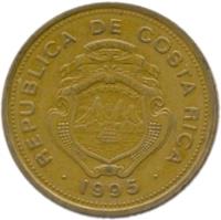 Costa Rica coin 100 Colones (1995) obverse obverse of 100 Colones (1995) coin with KM# 230 from Costa Rica. Inscription: REPUBLICA DE COSTA RICA AMERICA CENTRAL REPUBLICA DE COSTA RICA 1995
