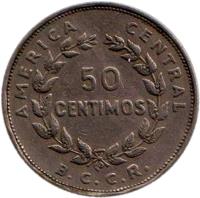 reverse of 50 Céntimos (1965 - 1978) coin with KM# 189 from Costa Rica. Inscription: AMERICA CENTRAL 50 CENTIMOS B.C.C.R.