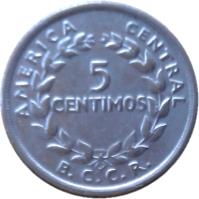 reverse of 5 Céntimos (1951 - 1978) coin with KM# 184 from Costa Rica. Inscription: AMERICA CENTRAL 5 CENTIMOS B.C.C.R.