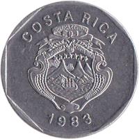obverse of 10 Colones (1983 - 1992) coin with KM# 215 from Costa Rica. Inscription: REPUBLICA DE COSTA RICA AMERICA CENTRAL REPUBLICA DE COSTA RICA 1985