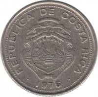 obverse of 10 Céntimos (1951 - 1976) coin with KM# 185 from Costa Rica. Inscription: REPUBLICA DE COSTA RICA 1976