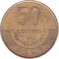 Costa Rica coin 50 Colones (1997 - 1999) reverse reverse of 50 Colones (1997 - 1999) coin with KM# 231 from Costa Rica. Inscription: 50 COLONES B.C.C.R