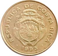 obverse of 25 Colones - 1'st Coat of Arms; Magnetic (1995) coin with KM# 229 from Costa Rica. Inscription: REPUBLICA DE COSTA RICA AMERICA CENTRAL REPUBLICA DE COSTA RICA 1995