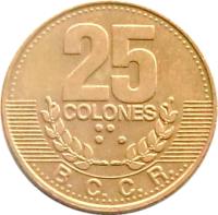 reverse of 25 Colones - 1'st Coat of Arms; Magnetic (1995) coin with KM# 229 from Costa Rica. Inscription: 25 COLONES B.C.C.R