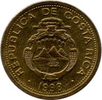 Costa Rica coin 1 Colón (1998) obverse obverse of 1 Colón (1998) coin with KM# 233 from Costa Rica. Inscription: REPUBLICA DE COSTA RICA 1998