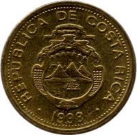 obverse of 1 Colón (1998) coin with KM# 233 from Costa Rica. Inscription: REPUBLICA DE COSTA RICA 1998