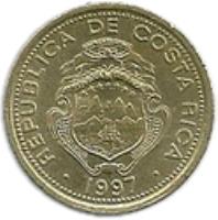 obverse of 5 Colones (1997 - 2001) coin with KM# 227a from Costa Rica. Inscription: REPUBLICA DE COSTA RICA 1999 AMERICA CENTRAL REPUBLICA DE COSTA RICA