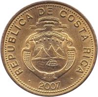 obverse of 25 Colones - 2'nd Coat of Arms; Non magnetic (2001 - 2007) coin with KM# 229a from Costa Rica. Inscription: REPUBLICA DE COSTA RICA AMERICA CENTRAL REPUBLICA DE COSTA RICA 2001