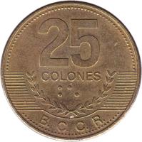 reverse of 25 Colones - 2'nd Coat of Arms; Non magnetic (2001 - 2007) coin with KM# 229a from Costa Rica. Inscription: 25 COLONES B.C.C.R.