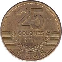 Costa Rica coin 25 Colones - 2'nd Coat of Arms; Non magnetic (2001 - 2007) reverse reverse of 25 Colones - 2'nd Coat of Arms; Non magnetic (2001 - 2007) coin with KM# 229a from Costa Rica. Inscription: 25 COLONES B.C.C.R.