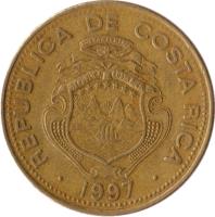Costa Rica coin 100 Colones (1997 - 1999) obverse obverse of 100 Colones (1997 - 1999) coin with KM# 230a from Costa Rica. Inscription: REPUBLICA DE COSTA RICA AMERICA CENTRAL REPUBLICA DE COSTA RICA 1997