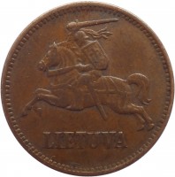 obverse of 5 Centai (1936) coin with KM# 81 from Lithuania. Inscription: LIETUVA