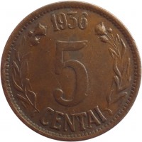 reverse of 5 Centai (1936) coin with KM# 81 from Lithuania. Inscription: 1936 5 CENTAI