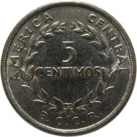 reverse of 5 Céntimos (1953 - 1967) coin with KM# 184.1a from Costa Rica. Inscription: AMERICA CENTRAL 5 CENTIMOS B.C.C.R.