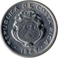 obverse of 10 Céntimos (1953 - 1967) coin with KM# 185.1a from Costa Rica. Inscription: REPUBLICA DE COSTA RICA AMERICA CENTRAL REPUBLICA DE COSTA RICA · 1953 ·