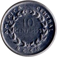 reverse of 10 Céntimos (1953 - 1967) coin with KM# 185.1a from Costa Rica. Inscription: AMERICA CENTRAL 10 CENTIMOS B.C.C.R.