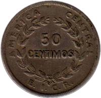 reverse of 50 Céntimos (1935) coin with KM# 172 from Costa Rica. Inscription: 50