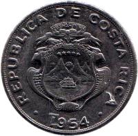 Costa Rica coin 2 Colones (1954) obverse obverse of 2 Colones (1954) coin with KM# 187.1 from Costa Rica. Inscription: REPUBLICA COSTA RICA AMERICA CENTRAL REPUBLICA COSTA RICA . 1954 .