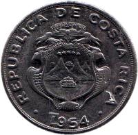 obverse of 2 Colones (1954) coin with KM# 187.1 from Costa Rica. Inscription: REPUBLICA COSTA RICA AMERICA CENTRAL REPUBLICA COSTA RICA . 1954 .