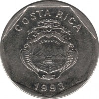 obverse of 5 Colones (1993) coin with KM# 214.3 from Costa Rica. Inscription: COSTA RICA 1993