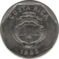 Costa Rica coin 5 Colones (1993) obverse obverse of 5 Colones (1993) coin with KM# 214.3 from Costa Rica. Inscription: COSTA RICA 1993